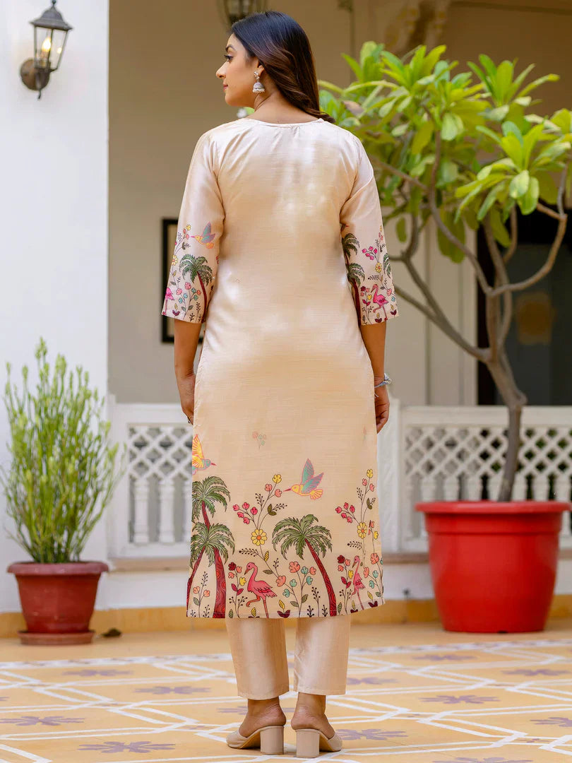 Floral Printed Handwork Silk Straight Kurta With Trousers & Dupatta Suits