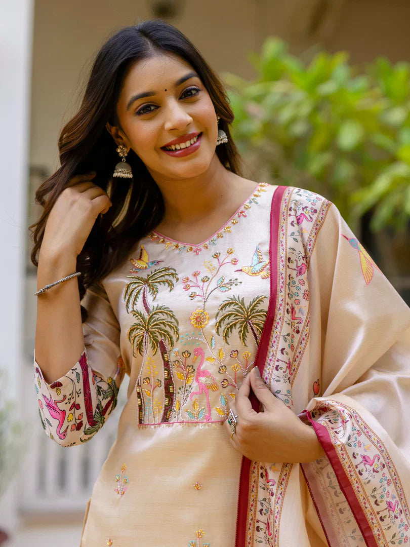 Floral Printed Handwork Silk Straight Kurta With Trousers & Dupatta Suits