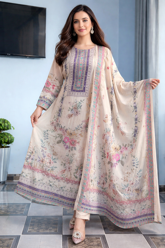 Luxury Pastel Cream Floral Printed Muslin Suit Set with Designer Dupatta
